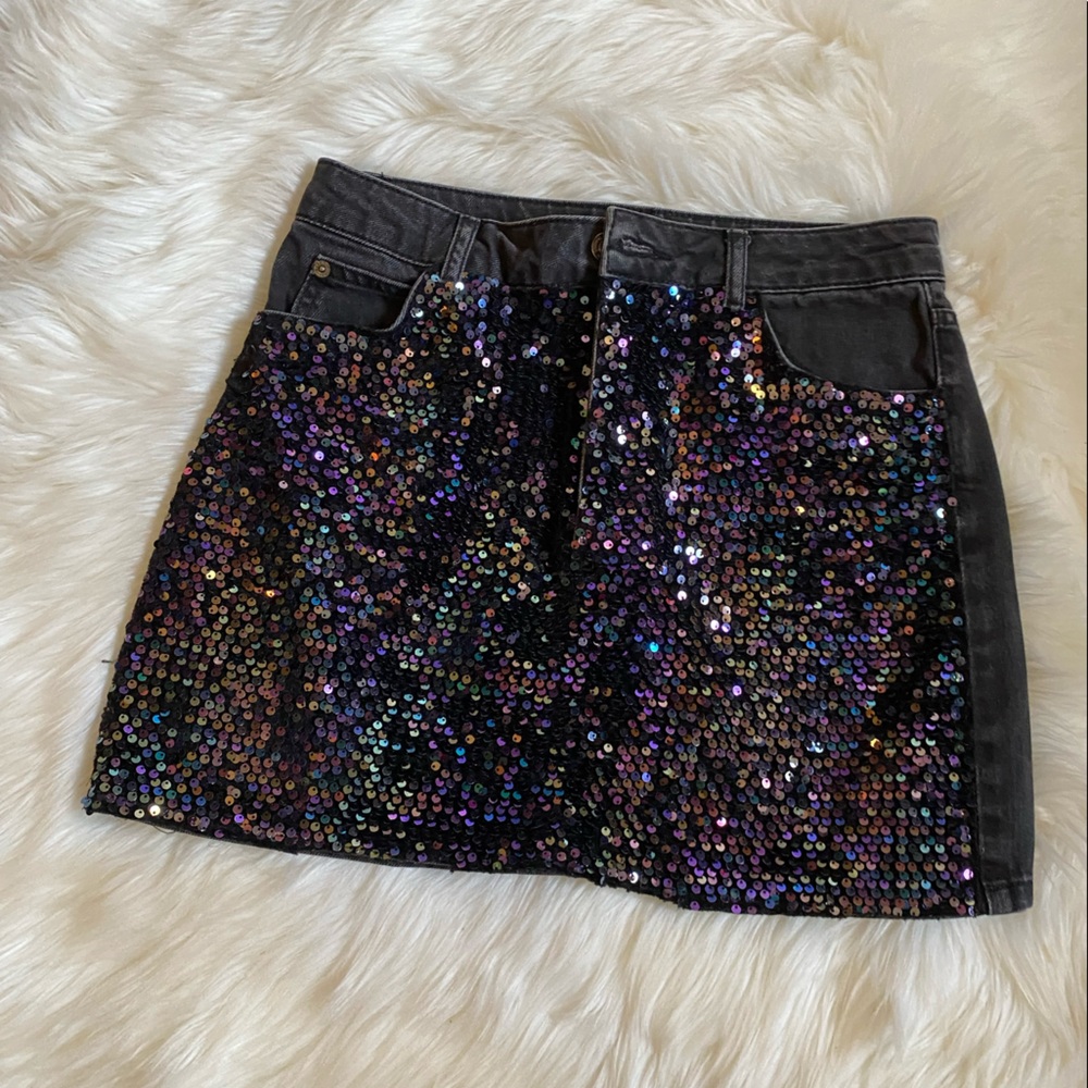 Topshop sequin black denim mini skirt.